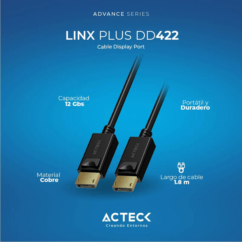 Cable Acteck Linx Plus Dd422 / Displayport A Displayport / 1.8 M / 4k / 12 Gbs / Macho A Macho / Cobre / Negro / Ac-937115