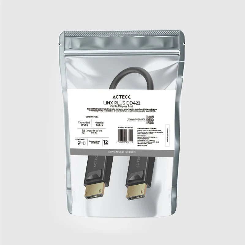 Cable Acteck Linx Plus Dd422 / Displayport A Displayport / 1.8 M / 4k / 12 Gbs / Macho A Macho / Cobre / Negro / Ac-937115