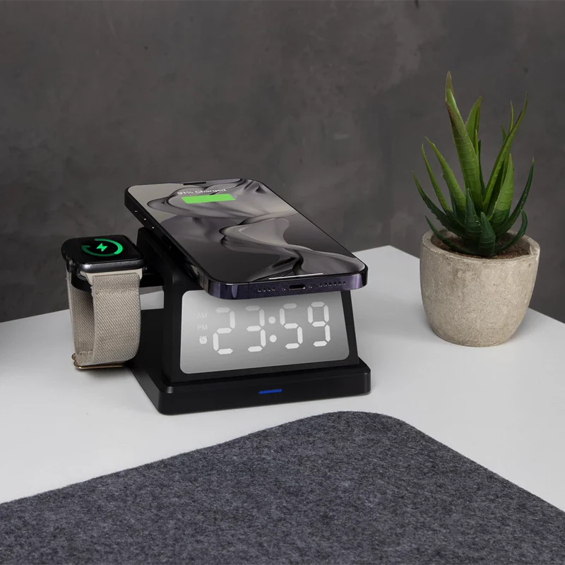 Cargador Acteck Energon S-mate Ci730 / Inalambrico Qi / 3w - 15 W / Apple - Samsung / 3 Dispositivos / Reloj Digital / Negro / Ac-937146