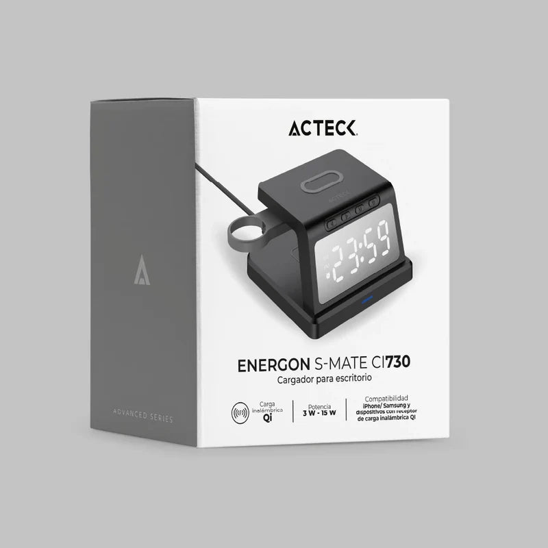 Cargador Acteck Energon S-mate Ci730 / Inalambrico Qi / 3w - 15 W / Apple - Samsung / 3 Dispositivos / Reloj Digital / Negro / Ac-937146