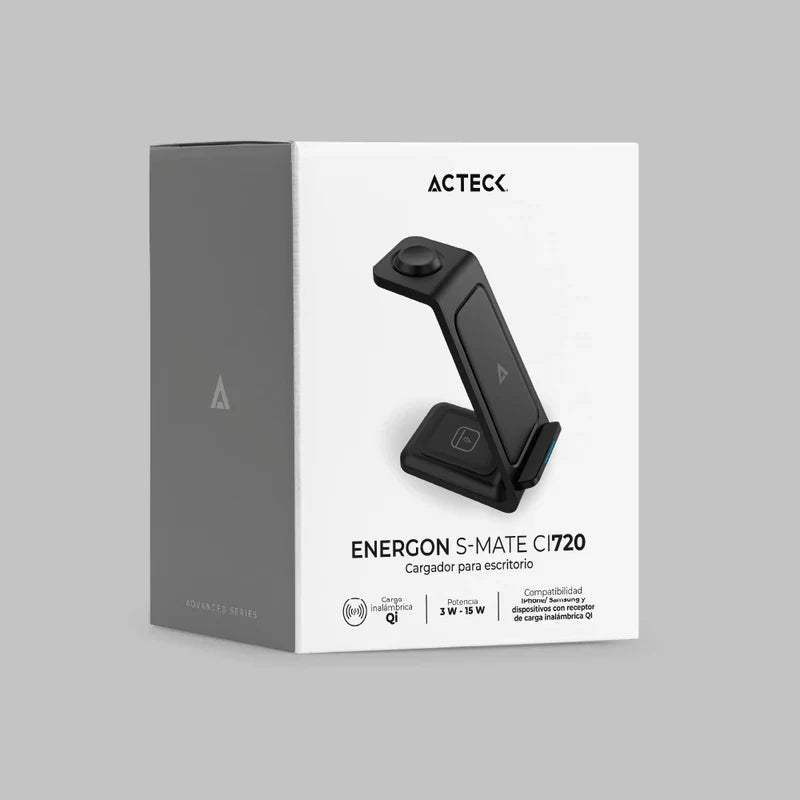 Cargador De Escritorio Acteck Energon S-mate Ci720 / Inalambrico / Iphone - Samsung - Carga Qi / 3w - 15w / Para 3 Dispositivos / Conexion Usb C / Negro / Ac-937153