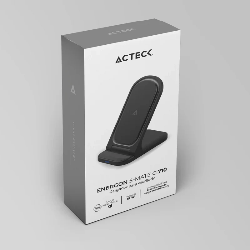 Cargador De Escritorio Acteck Energon S-mate Ci710 / Para Celular / Inalambrico Qi Carga Rapida / 15 W - 5 W / Plegable / Carga Simultanea / Usb Tipo C / Negro / Ac-937160
