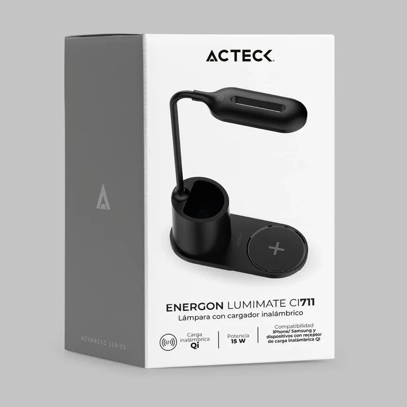 Cargador Acteck Energon Lumimate Ci711 / Inalambrico Qi / 15 W / Apple - Samsung / Qi / 1 Dispositivo / Incluye Lampara / Negro / Ac-937184
