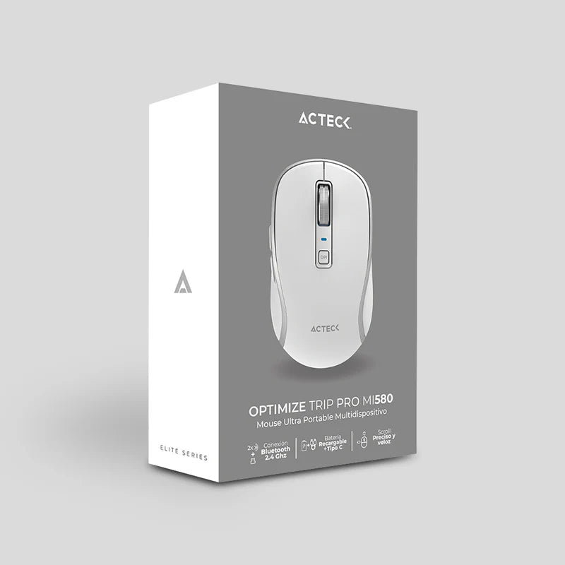 Mouse Acteck Optimize Trip Pro Mi580 / Inalambrico / 1600 Dpi Ajustable / 6 Botones + Scroll / Recargable / Dual Dongle Usb 2.4 Ghz + 2 Bluetooth / Win + Mac + Android / Blanco / Ac-939607
