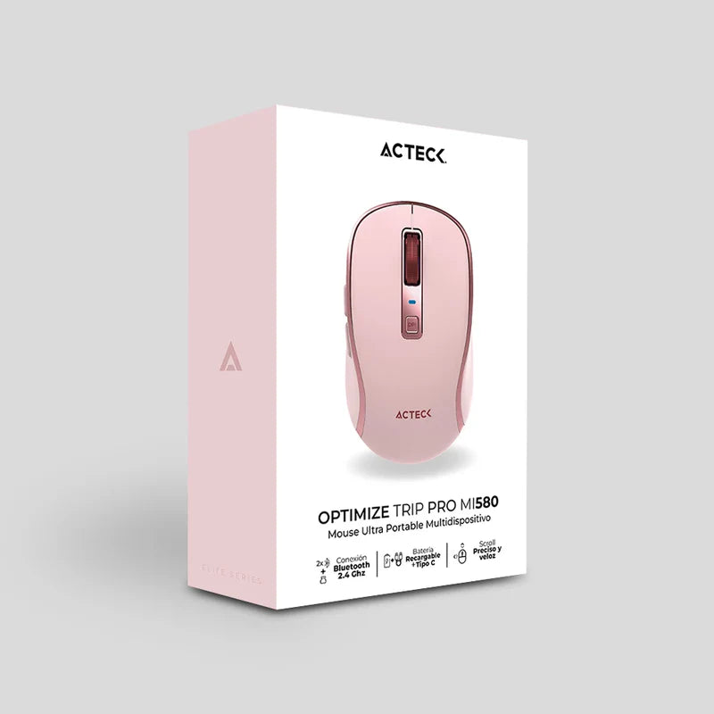 Mouse Acteck Optimize Trip Pro Mi580 / Inalambrico / 1600 Dpi Ajustable / 6 Botones + Scroll / Recargable / Dual Dongle Usb 2.4 Ghz + 2 Bluetooth / Win + Mac + Android / Rosa / Ac-939614