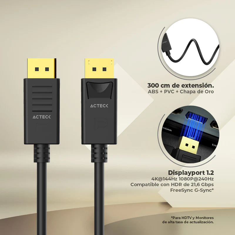 Cable Acteck Link Plus Dp422-3 / Display Port - Display Port / 4k A 60 Mhz / 3 M Largo / 17 Gbps / Calibre 30 Awg / Macho A Macho / Negro / Ac-939799
