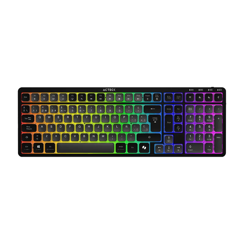 Teclado Acteck Techno Pro Ti790 / Multidispositivo Inalambrico Dual / 108 Teclas / Usb - 2 Bt - 2.4 Ghz / Mecanico / Multimedia / Iluminacion Rgb / Recargable / Win + Mac / Negro / Ac-940061