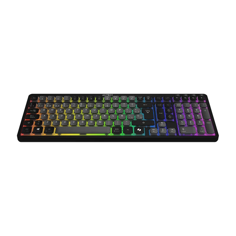 Teclado Acteck Techno Pro Ti790 / Multidispositivo Inalambrico Dual / 108 Teclas / Usb - 2 Bt - 2.4 Ghz / Mecanico / Multimedia / Iluminacion Rgb / Recargable / Win + Mac / Negro / Ac-940061