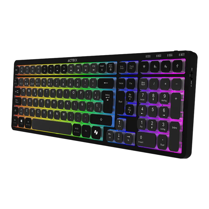 Teclado Acteck Techno Pro Ti790 / Multidispositivo Inalambrico Dual / 108 Teclas / Usb - 2 Bt - 2.4 Ghz / Mecanico / Multimedia / Iluminacion Rgb / Recargable / Win + Mac / Negro / Ac-940061