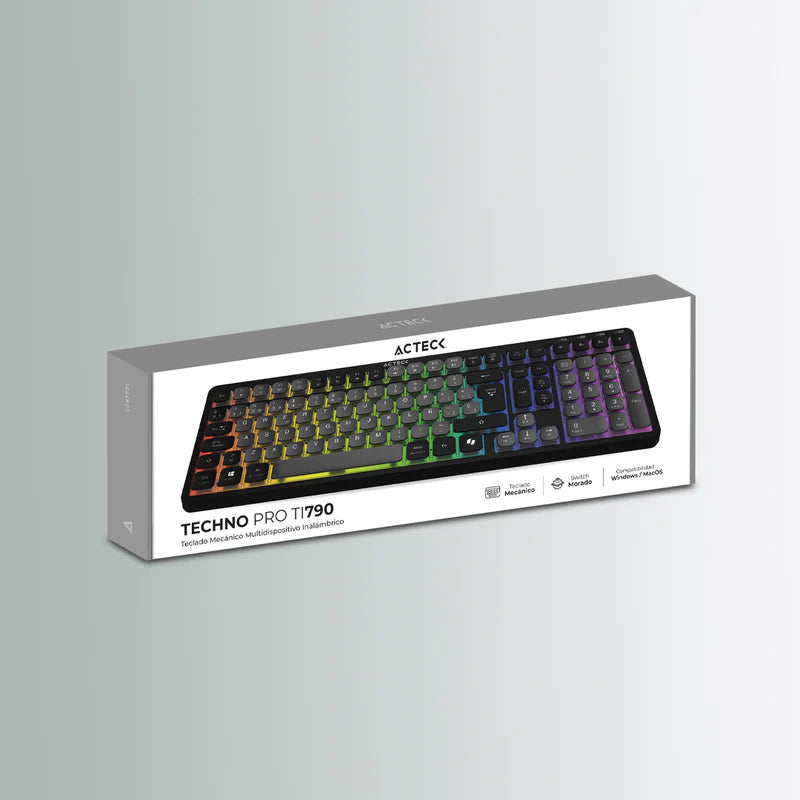 Teclado Acteck Techno Pro Ti790 / Multidispositivo Inalambrico Dual / 108 Teclas / Usb - 2 Bt - 2.4 Ghz / Mecanico / Multimedia / Iluminacion Rgb / Recargable / Win + Mac / Negro / Ac-940061
