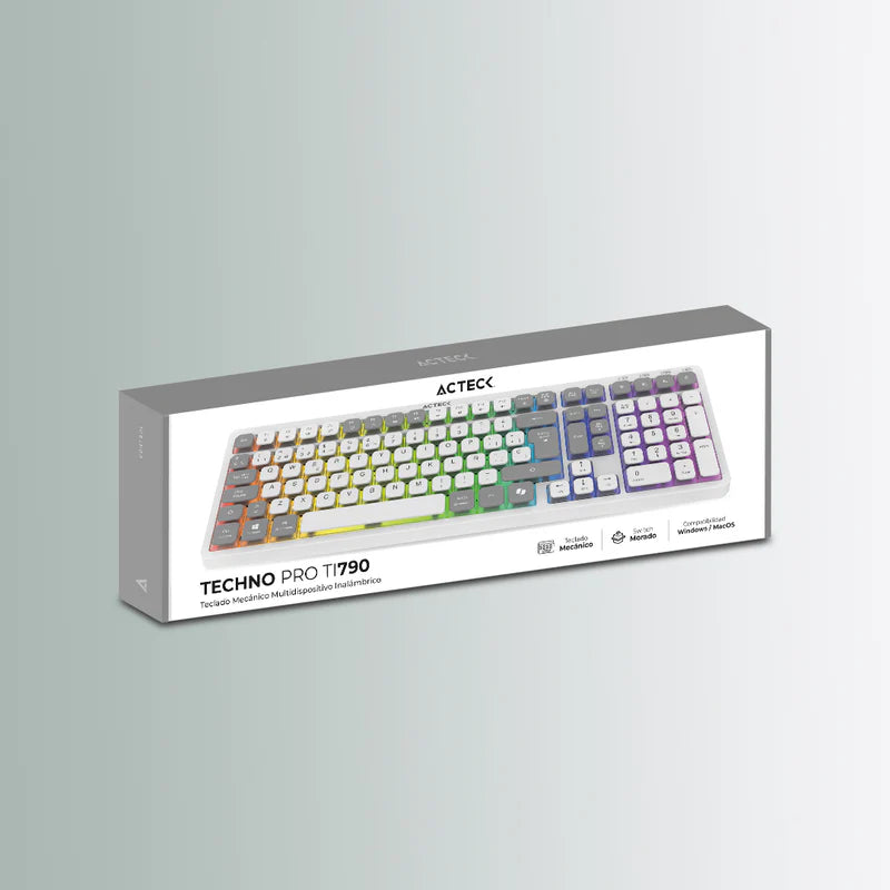 Teclado Acteck Techno Pro Ti790 / Multidispositivo Inalambrico Dual / 108 Teclas / Usb - 2 Bt- 2.4 Ghz / Mecanico / Multimedia / Iluminacion Rgb / Recargable / EspaÑol /win - Mac / Blanco / Ac-940078