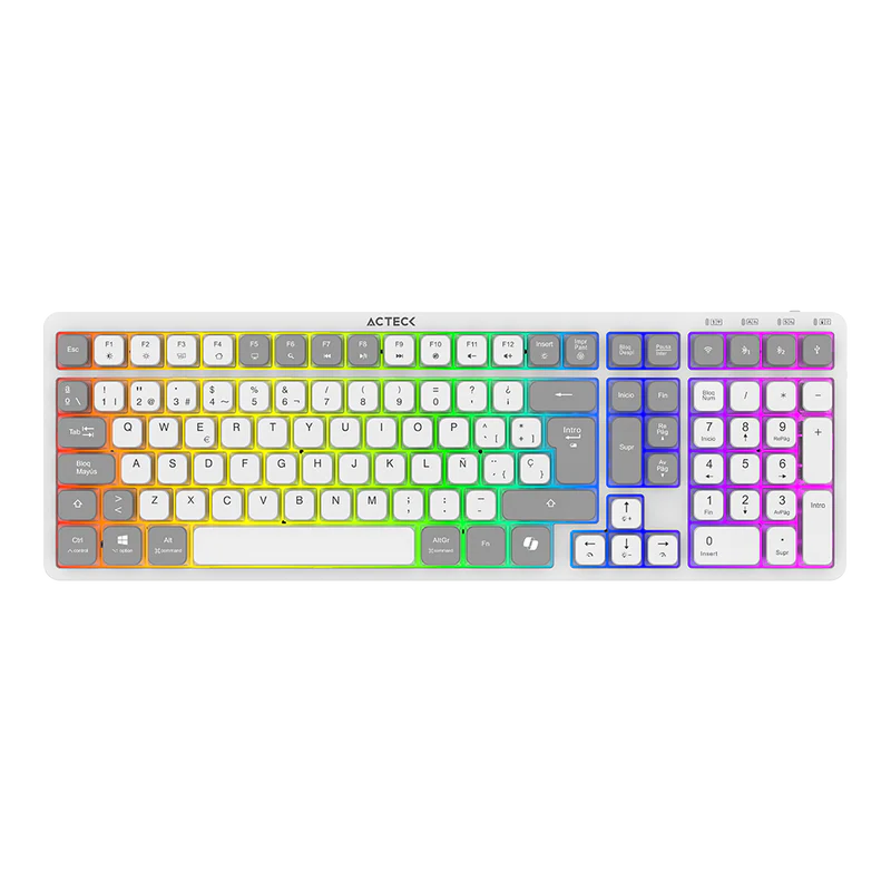 Teclado Acteck Techno Pro Ti790 / Multidispositivo Inalambrico Dual / 108 Teclas / Usb - 2 Bt- 2.4 Ghz / Mecanico / Multimedia / Iluminacion Rgb / Recargable / EspaÑol /win - Mac / Blanco / Ac-940078