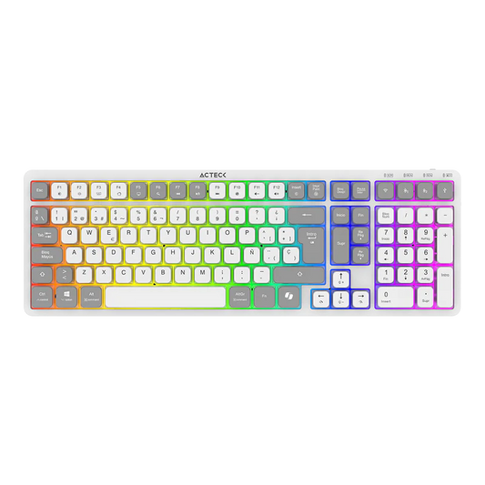 Teclado Acteck Techno Pro Ti790 / Multidispositivo Inalambrico Dual / 108 Teclas / Usb - 2 Bt- 2.4 Ghz / Mecanico / Multimedia / Iluminacion Rgb / Recargable / EspaÑol /win - Mac / Blanco / Ac-940078