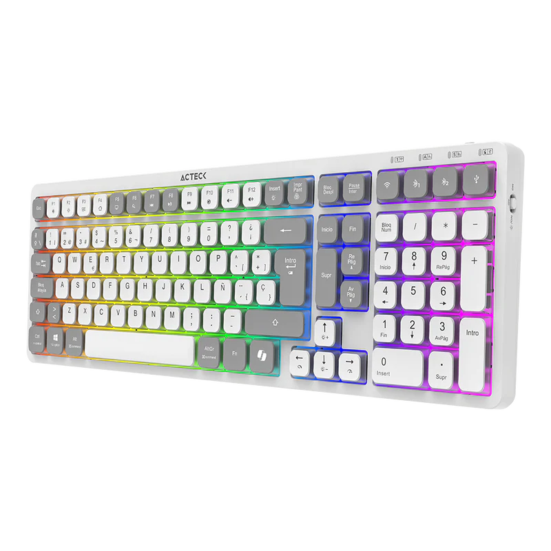 Teclado Acteck Techno Pro Ti790 / Multidispositivo Inalambrico Dual / 108 Teclas / Usb - 2 Bt- 2.4 Ghz / Mecanico / Multimedia / Iluminacion Rgb / Recargable / EspaÑol /win - Mac / Blanco / Ac-940078