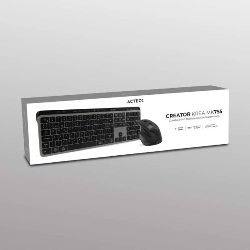 Kit Acteck Creator Krea Mk755 / Teclado Y Mouse / Inalambrico Dual / Multidispositivo / Recargable / Dongle Usb + Bt / Win - Mac / EspaÑol / 118 Teclas / 2000 Dpi / Optico / Negro - Gris / Ac-940160