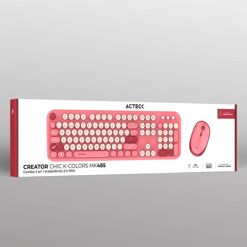 Kit Acteck Creator Chic K-colors Mk485 / Inalambrico / Multimedia / Dongle 2.4 / Esp / 105 Teclas / Optico / 1600 Dpi Ajustable / 4 Botones + Scroll / Win + Mac / Rojo-rosa / Ac-940207