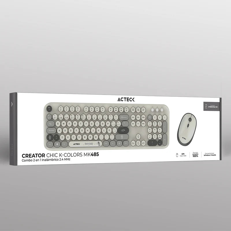 Kit Acteck Creator Chic K-colors Mk485 / Inalambrico / Multimedia / Dongle 2.4 / Esp / 105 Teclas / Optico / 1600 Dpi Ajustable / 4 Botones + Scroll / Win + Mac / Gris / Ac-940184