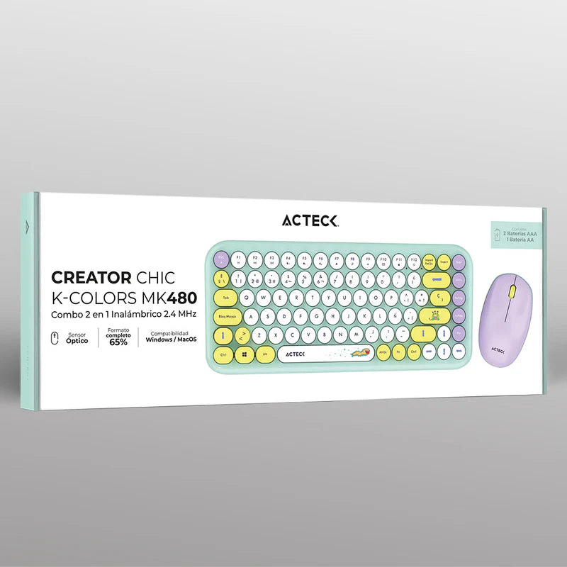 Kit Acteck Creator Chic K-colors Mk480 / Teclado Y Mouse / Inalambrico - Multimedia / 85 Teclas / Optico / 800 Dpi / 4 Botones + Scroll / Win + Mac / EspaÑol / Dongle Usb / Tiffany / Ac-940238