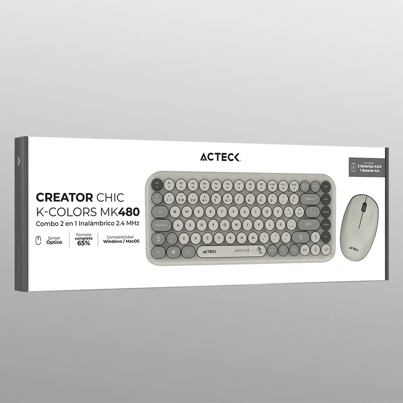 Kit Acteck Creator Chic K-colors Mk480 / Teclado Y Mouse / Inalambrico - Multimedia / 85 Teclas / Optico / 800 Dpi / 4 Botones + Scroll / Win + Mac / EspaÑol / Dongle Usb / Gris / Ac-940221
