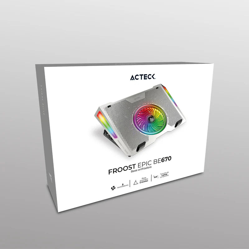 Base Enfriadora Froost Epic Be670 / Altura Ajustable 5 Niveles / Laptop De 15.6 Pulg / 5 Ventiladores / 10 Modos De Iluminacion / Control De Velocidad / Aluminio / Ac-940764