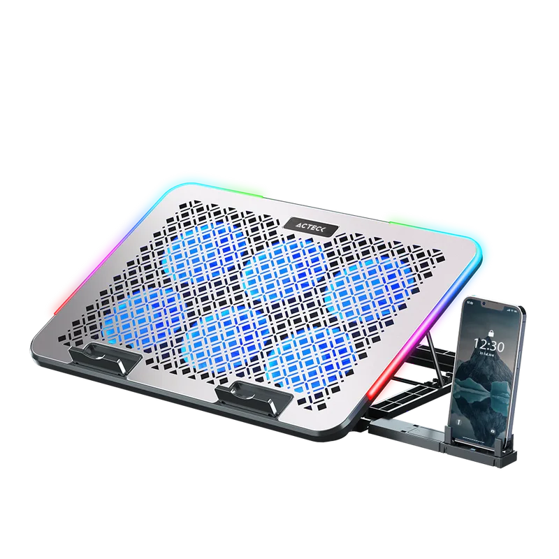 Base Enfriadora Acteck Froost Raw Be630 / 15.6 Pulg / 6 Ventiladores / 2x Usb 2.0 / Ajustable 8 Niveles / Iluminacion 10 Modos / Potencia Absoluta / Aluminio / Ac-940771