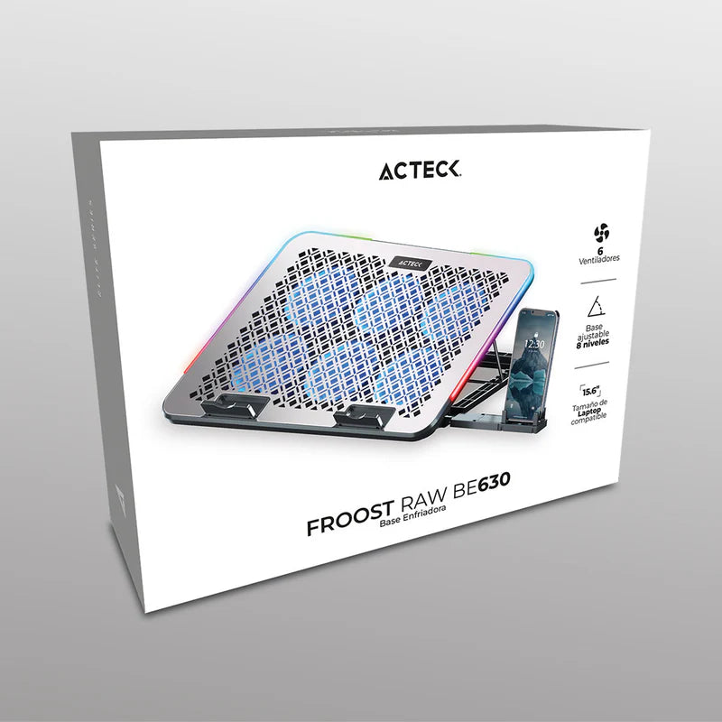 Base Enfriadora Acteck Froost Raw Be630 / 15.6 Pulg / 6 Ventiladores / 2x Usb 2.0 / Ajustable 8 Niveles / Iluminacion 10 Modos / Potencia Absoluta / Aluminio / Ac-940771