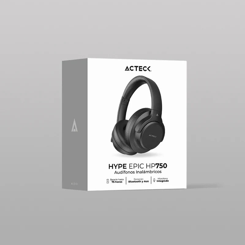 Audifonos Acteck Hype Epic Hp750 / Diadema / Inalambricos / Dual Bt - Aux 3.5 Mm / Bateria 75 Hrs / Microfono Omnidireccional / Cancelacion De Ruido / Bocinas 40 Mm 20 Hz A 20 Khz / Negro / Ac-940856