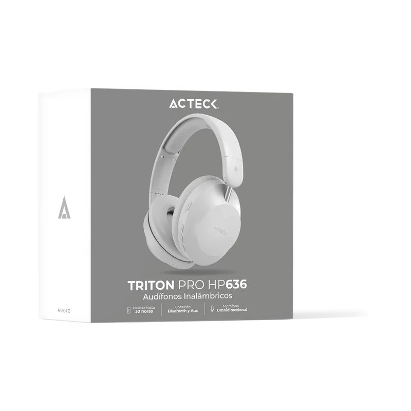 Audifonos Acteck Triton Pro Hp636 / Diadema / Inalambricos / Bt 5.4 - Aux 3.5 Mm / Microfono Omnidireccional / Bateria 30 Hrs / Cancelacion De Ruido / Ultraligeros / 20 Hz-20 Khz / Blanco / Ac-940931