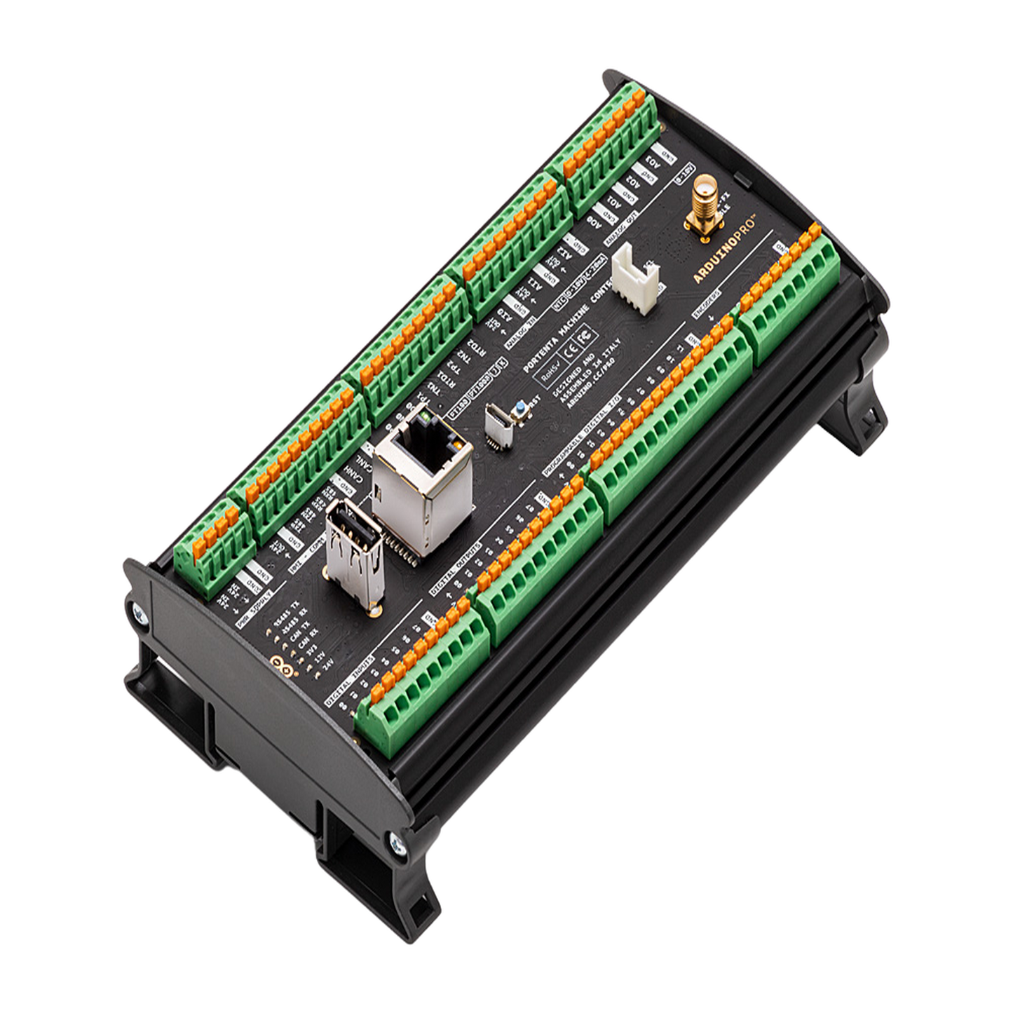 PORTENTA MACHINE CONTROL ,Ideal para aplicaciones en la Industria 4.0 gracias a sus múltiples puertos de comunicación y una programación flexible en estándares de PLC o Arduino IDE