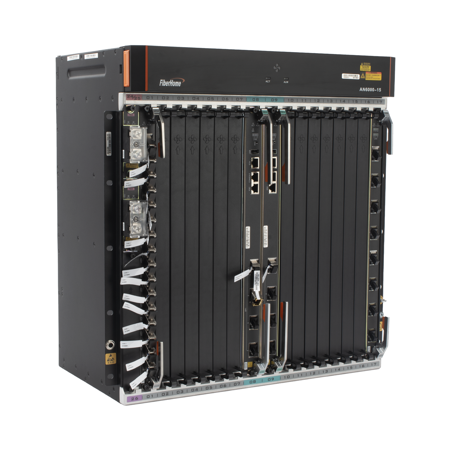 OLT Carrier Class Modular GPON, 14 Ranuras de Servicio, Incluye 1 Tarjeta de Servicio, Doble fuente -48Vcc, 11 UR, Gestión por UNM2000, CLI, (Incluye Instalación de software UNM2000)