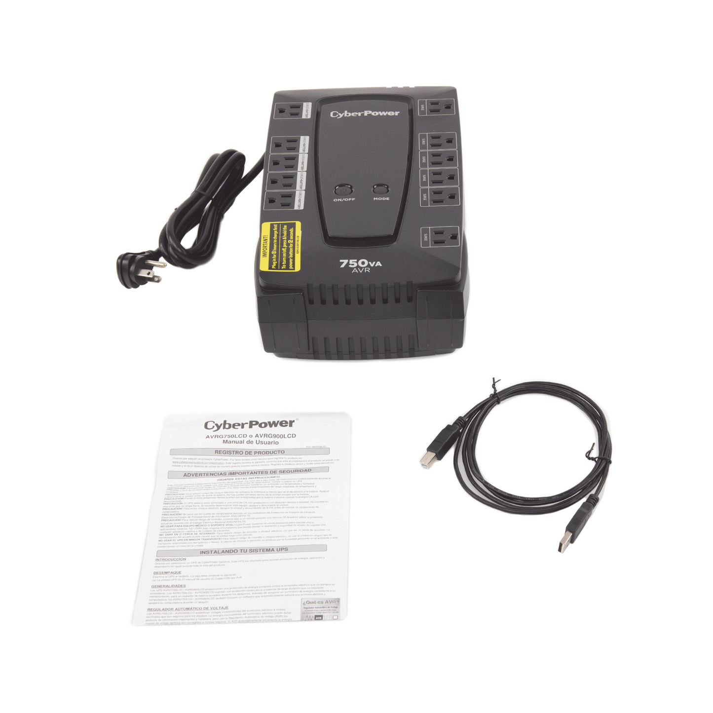 No Break Cyberpower (avrg750lcd) 760va / 450 Watts, Interactivo, Torre, Pantalla Lcd, 12 × Nema 5-15r, 6 Respaldo Y 6 SupresiÓn, 3 AÑos Incluyendo BaterÍa.