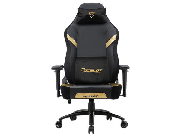 Silla Ocelot Gaming Os-king / Vinipiel Y Terciopelo / Base Metalica Ajustable / Descansabrazos 5d / Piston Clase 4 / Reclinable 90-155 Grados / Hasta 150kg / Cojines Lumbar Y Cervical / Color Negro Co