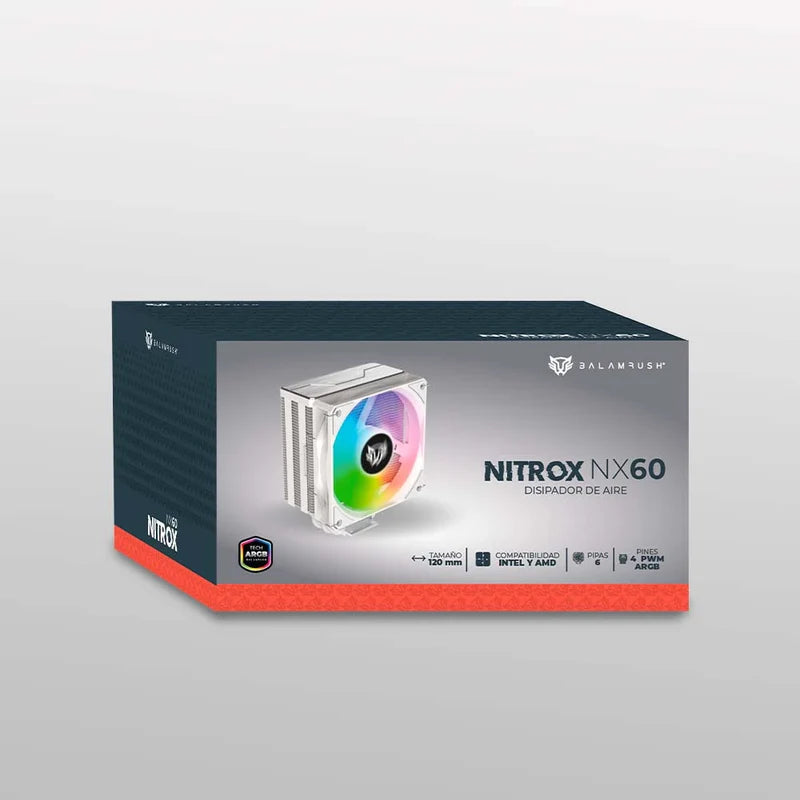 Disipador De Aire Balam Rush Nitrox Nx60 / Intel - Amd / Hidraulico / 4 Pines Pwn - Argb / 3 Pines 5v / 6 Pipas / 600 - 1800 Rpm / Flujo De Aire 73.6 Cfm / Blanco / Br-937924
