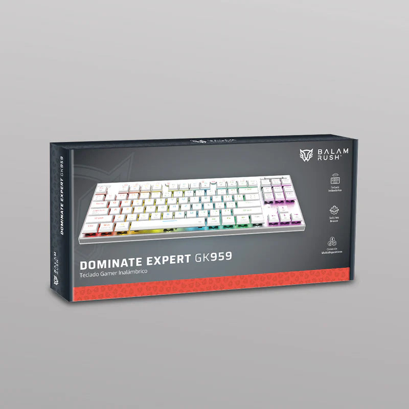 Teclado Gamer Dominate Expert Gk959 / Inalambrico Dual / Mecanico / Ilumnacion Rgb / Recargable / 87 Teclas / Win - Mac - Android - Consolas De Juego / EspaÑol / Dongle-bt 5.0 / Blanco / Br-940412