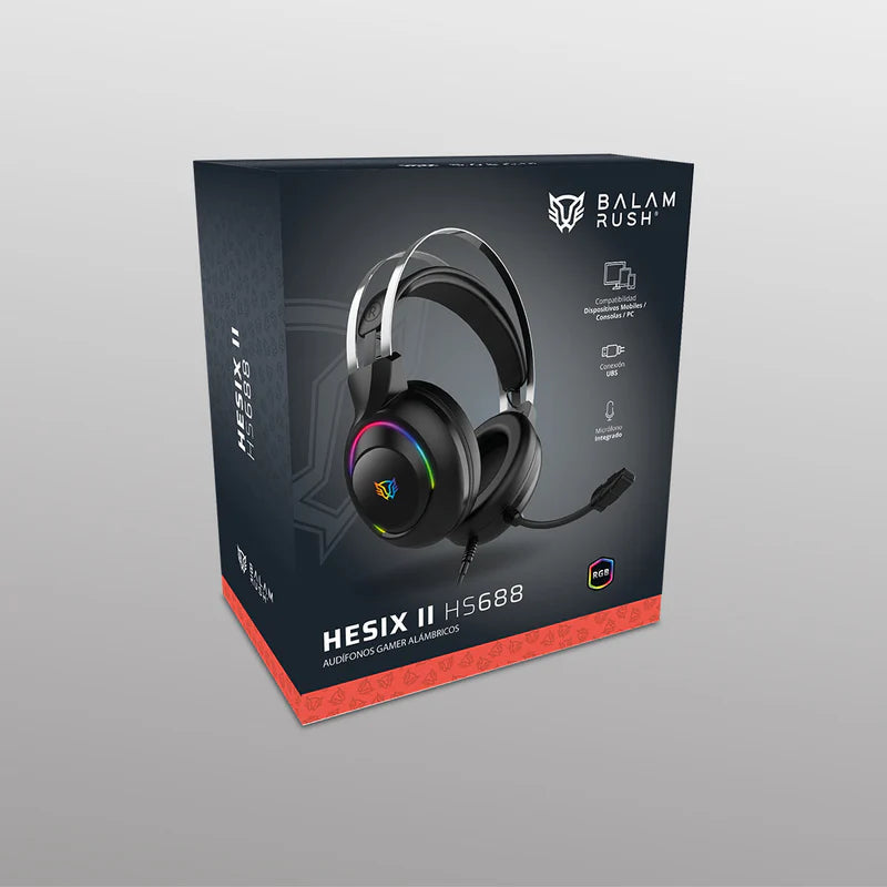 Audifonos Gamer Balam Rush Hesix Ii Hs688 / Alambricos / Almohadillas De Cuero Proteico / Aux 3.5 Mm - Usb / Pc, Dispositivos Moviles, Consolas / Microfono Omnidireccional / Rgb / Negro / Br-941204