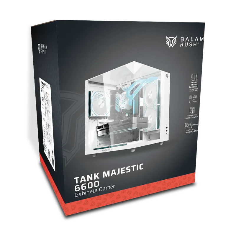 Gabinete Gamer Balam Rush Tank Majestic 6600 / Media Torre / Atx/micro Atx- Mini Itx / Ventiladores Argb 3x120 Mm / Triple Panel De Cristal Templado / Blanco / Br-941532