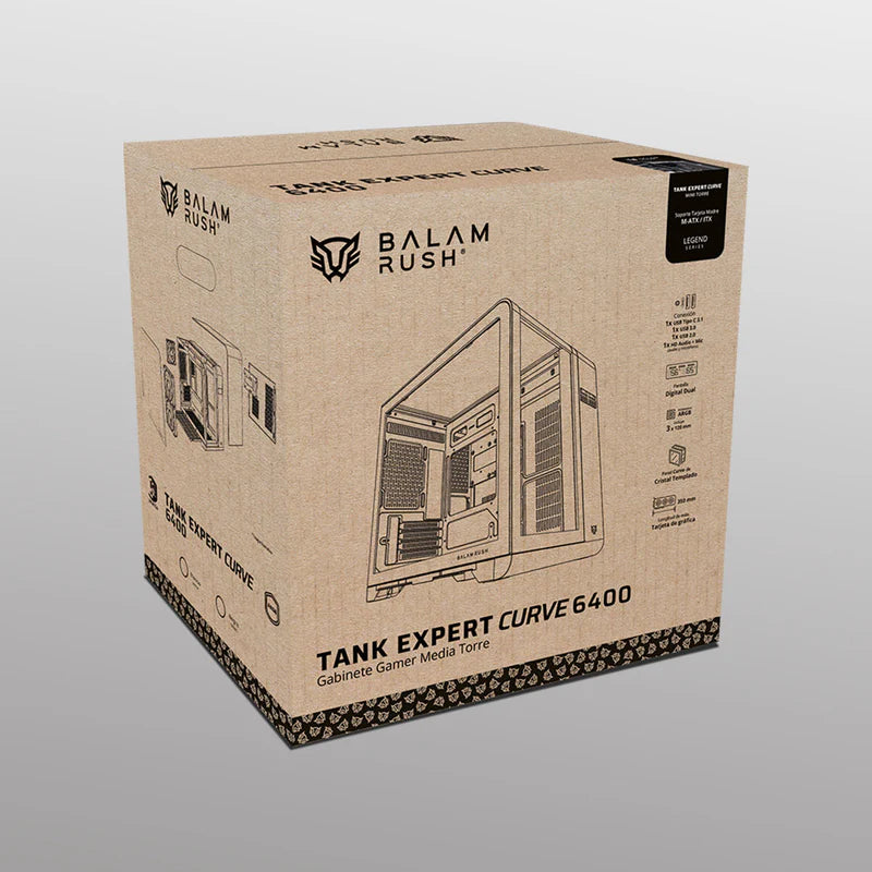 Gabinete Gamer Balam Rush Tank Expert Curve 6400 / Mini Torre / Matx - Itx / Ventilador Argb X3 / Max Gpu 350 Mm / Panel De Cristal - Filtro De Polvo / Pantalla Digital / Negro / Br-941617
