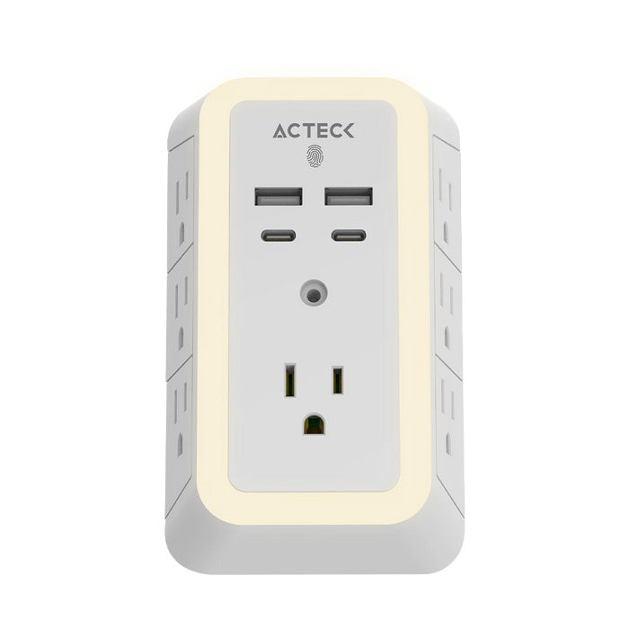 Cargador De Pared Acteck Energon Lumina Cp515 / 11 En 1 / 7 X Tomacorriente / 2 Usb / 2 Tipo C / Resistente Al Fuego / Supresor De Picos 540 J / Sensor Touch / Blanco /ac-936484