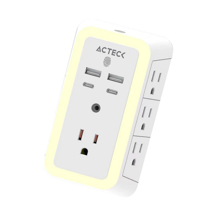 Cargador De Pared Acteck Energon Lumina Cp515 / 11 En 1 / 7 X Tomacorriente / 2 Usb / 2 Tipo C / Resistente Al Fuego / Supresor De Picos 540 J / Sensor Touch / Blanco /ac-936484
