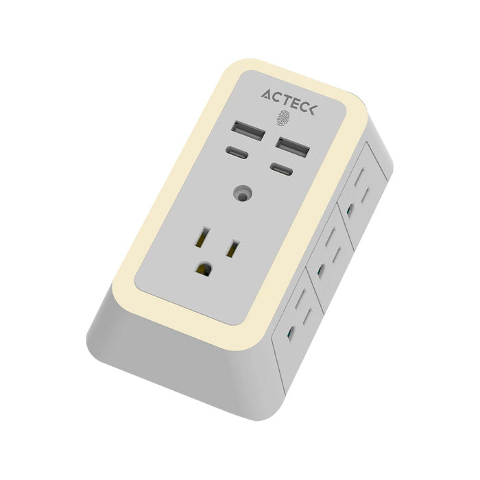 Cargador De Pared Acteck Energon Lumina Cp515 / 11 En 1 / 7 X Tomacorriente / 2 Usb / 2 Tipo C / Resistente Al Fuego / Supresor De Picos 540 J / Sensor Touch / Blanco /ac-936484