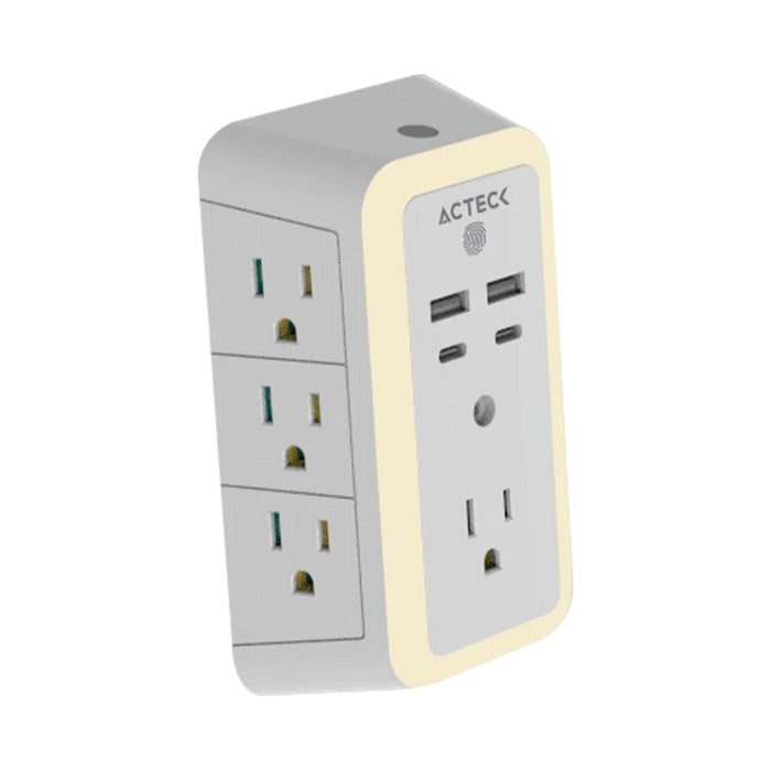 Cargador De Pared Acteck Energon Lumina Cp515 / 11 En 1 / 7 X Tomacorriente / 2 Usb / 2 Tipo C / Resistente Al Fuego / Supresor De Picos 540 J / Sensor Touch / Blanco /ac-936484