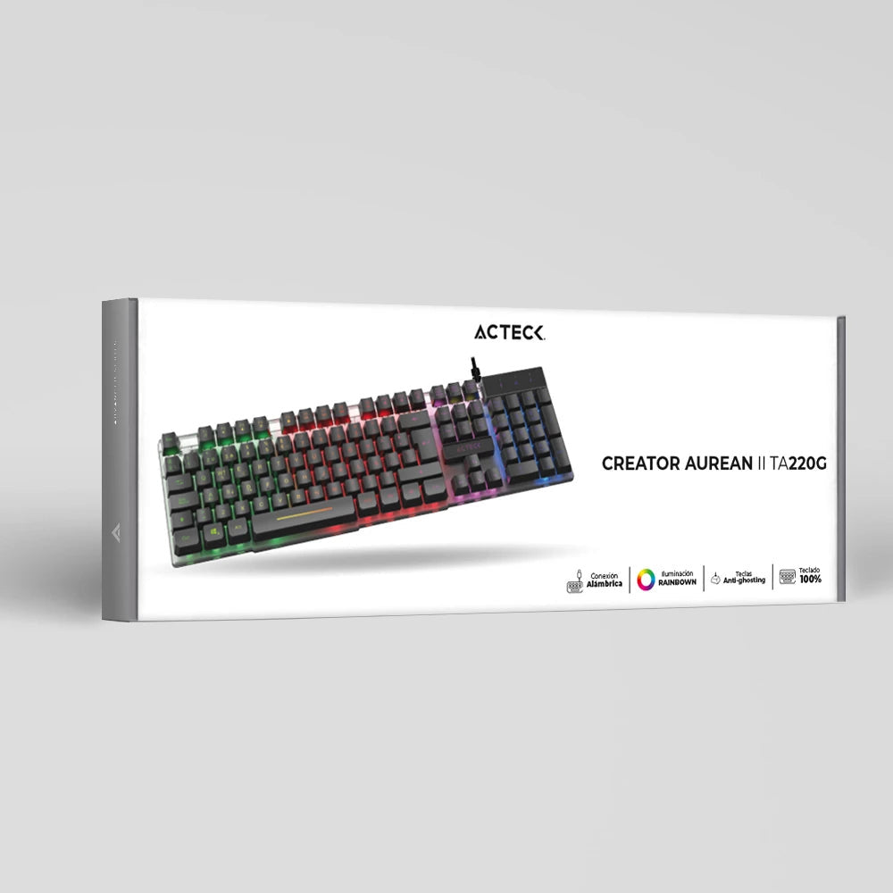Teclado Acteck Creator Aurean Ii Ta220g / Alambrico Usb / Iluminacion Rainbown / Multimedia / Membrana / Multi Lenguaje / 107 Teclas / Win Xp- 7- 8 -10 / Antighosting / Negro Translucido / Ac-939195
