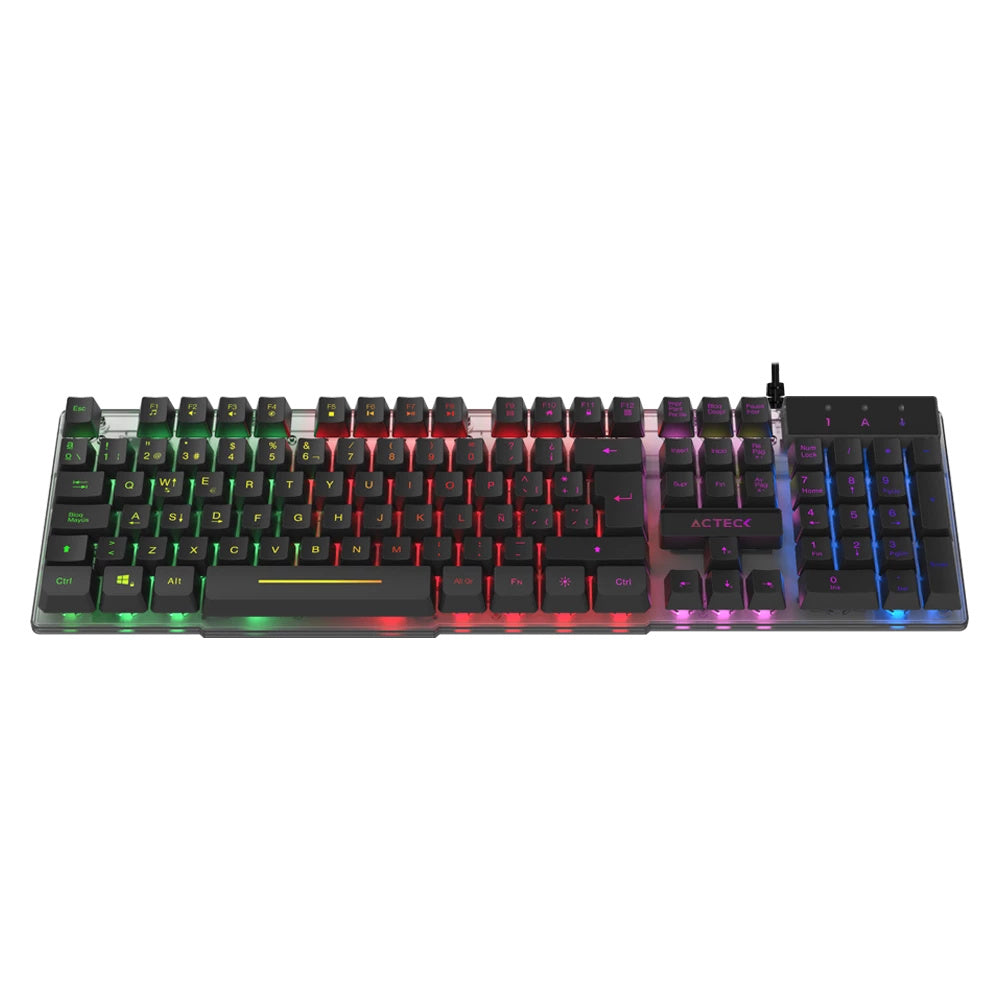 Teclado Acteck Creator Aurean Ii Ta220g / Alambrico Usb / Iluminacion Rainbown / Multimedia / Membrana / Multi Lenguaje / 107 Teclas / Win Xp- 7- 8 -10 / Antighosting / Negro Translucido / Ac-939195