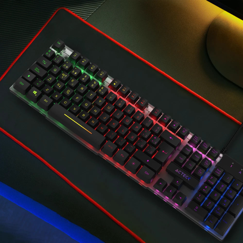 Teclado Acteck Creator Aurean Ii Ta220g / Alambrico Usb / Iluminacion Rainbown / Multimedia / Membrana / Multi Lenguaje / 107 Teclas / Win Xp- 7- 8 -10 / Antighosting / Negro Translucido / Ac-939195