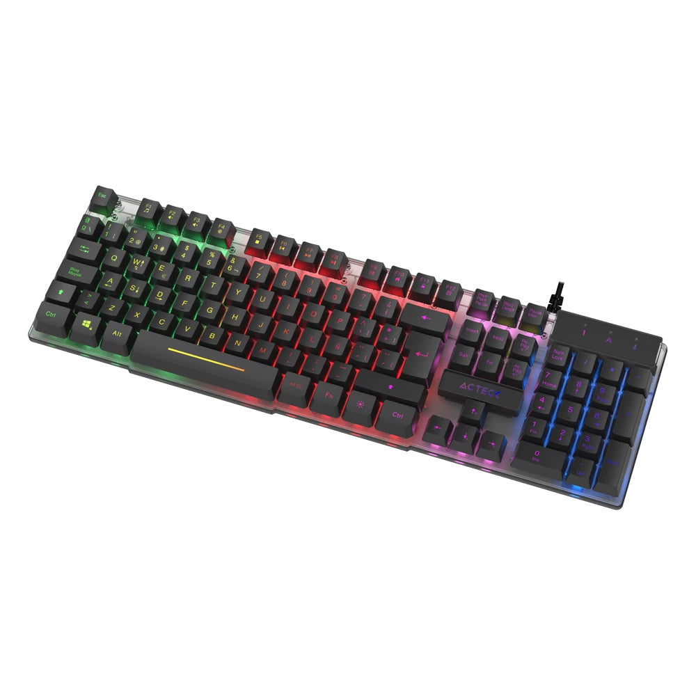 Teclado Acteck Creator Aurean Ii Ta220g / Alambrico Usb / Iluminacion Rainbown / Multimedia / Membrana / Multi Lenguaje / 107 Teclas / Win Xp- 7- 8 -10 / Antighosting / Negro Translucido / Ac-939195