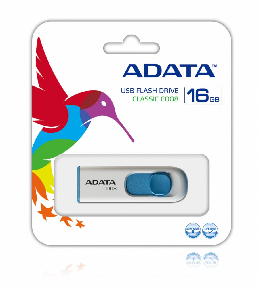Memoria Adata 16gb Usb 2.0 C008 Retractil Blanco-azul (ac008-16g-rwe)
