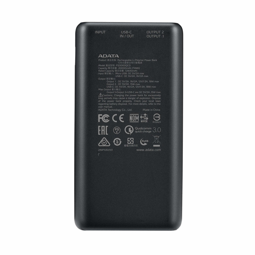 Bateria De Respaldo Adata Power Bank P20000qcd 20000mah/2 Usb A/ 1 Usb C/indicador De Carga Digital Color Negro (ap20000qcd-dgt-cbk)