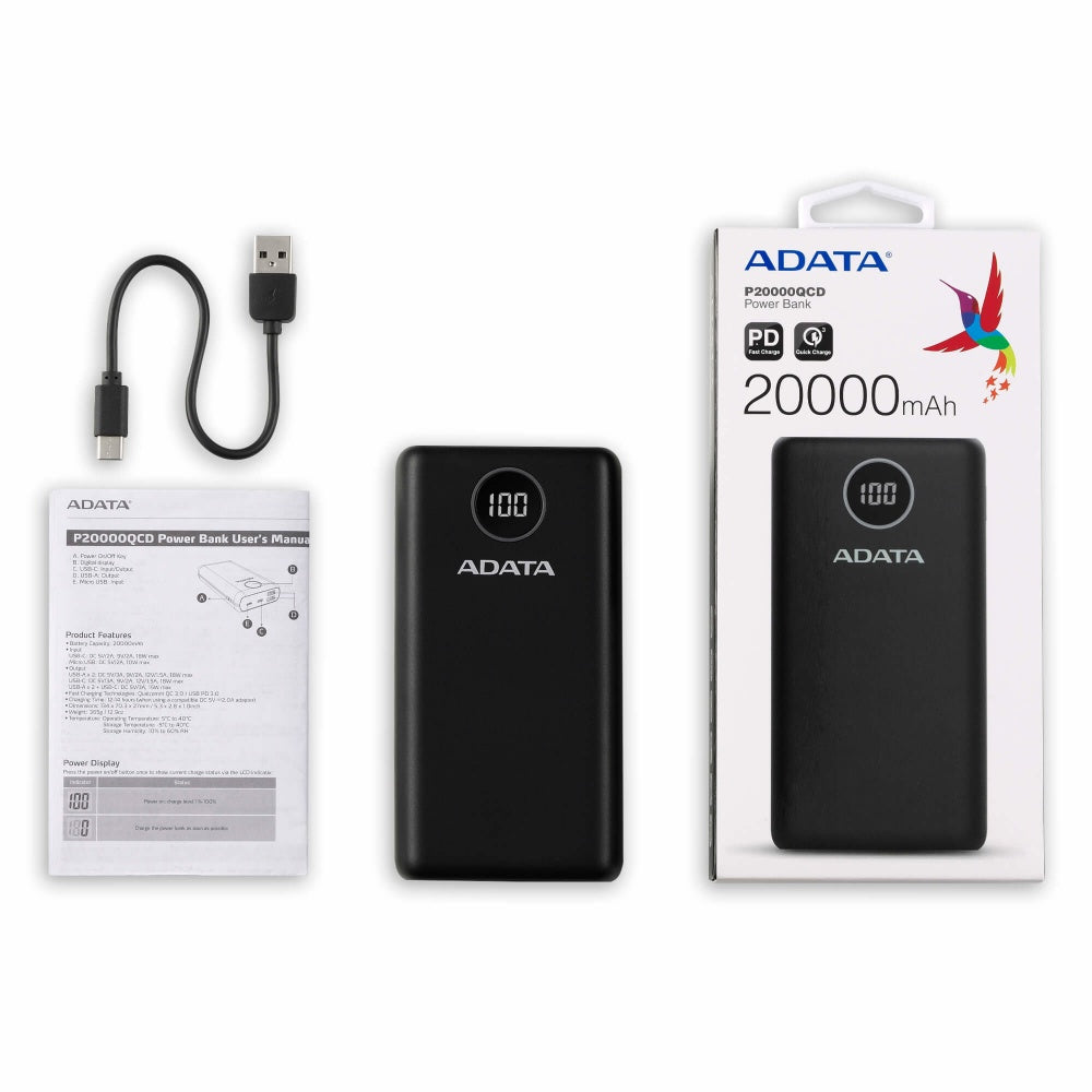 Bateria De Respaldo Adata Power Bank P20000qcd 20000mah/2 Usb A/ 1 Usb C/indicador De Carga Digital Color Negro (ap20000qcd-dgt-cbk)