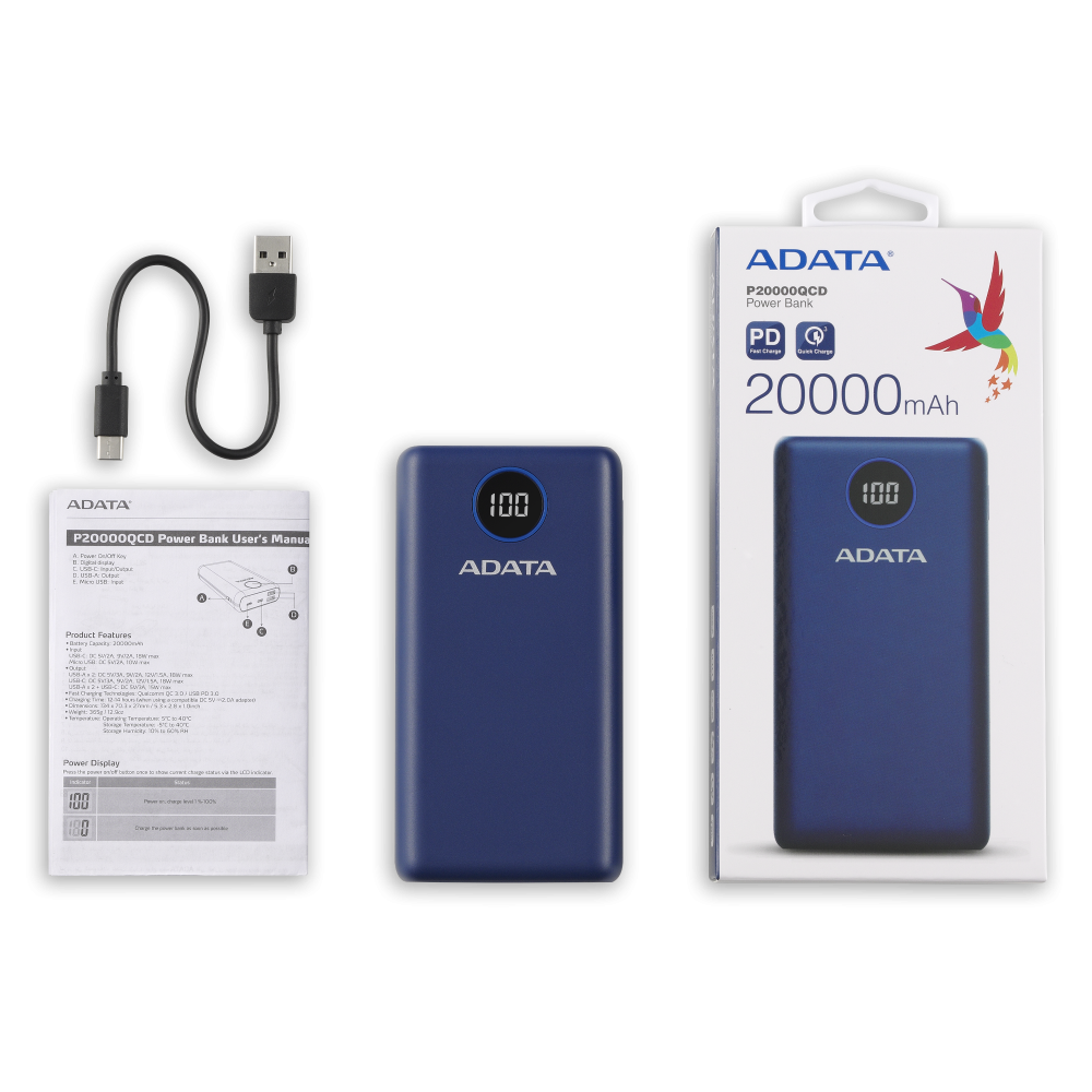 Bateria De Respaldo Adata Power Bank P20000qcd 20000mah/2 Usb A/ 1 Usb C/indicador De Carga Digital Color Azul (ap20000qcd-dgt-cdb)