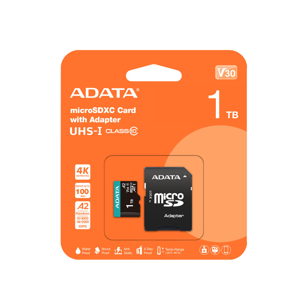 Memoria Adata Micro Sdxc/sdhc 1tb Uhs-i Videovigilancia 24/7 100mb/85mb 4k Clase 10 U3 V30 A2 C/adaptador Ausdx1tui3v30sa2-ra1